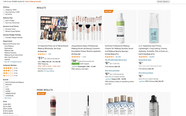Amazon search results showing popular makeup brands, brushes, and skincare products with filters and pricing details.