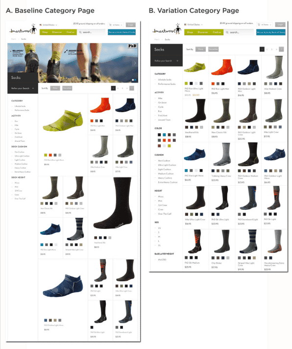 Side-by-side comparison of baseline and variation category pages showing different sock layouts and filters.