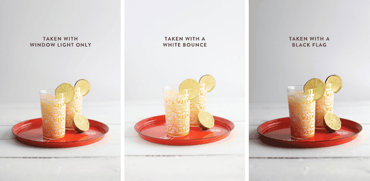 Three images of a drink with lime slices on a red tray, comparing window light, white bounce, and black flag lighting techniques.