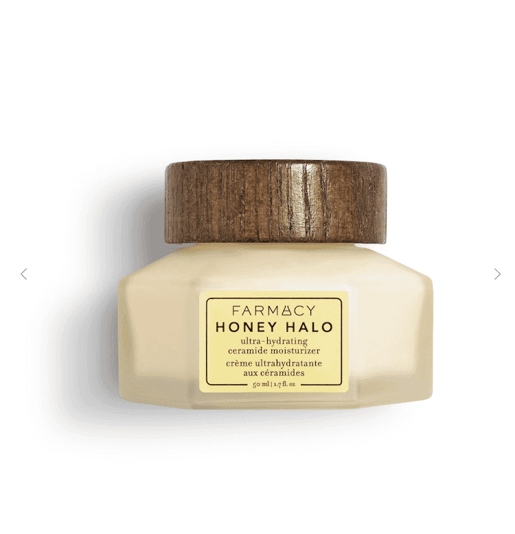 Farmacy Honey Halo ultra-hydrating ceramide moisturizer in a jar with a wooden lid.