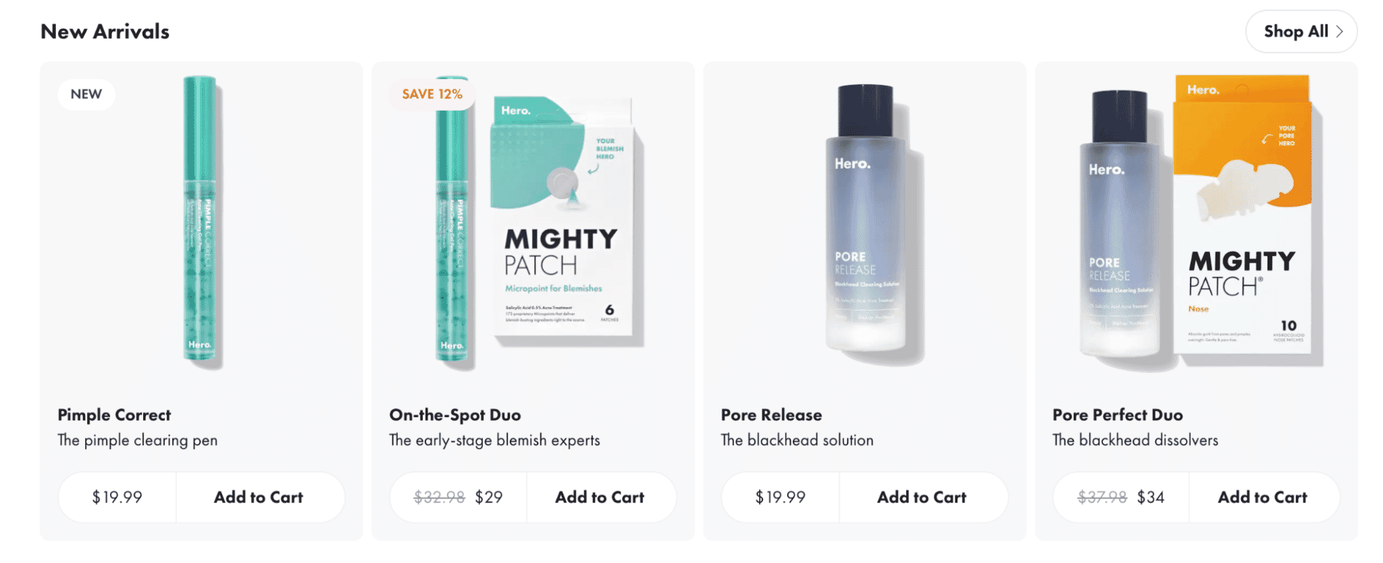 Hero Cosmetics new arrivals featuring Pimple Correct pen, Mighty Patch for blemishes, and Pore Release blackhead clearing solution.