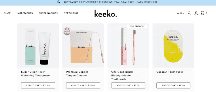 Keeko website showcasing eco-friendly oral care items including toothpaste, tongue cleaner, biodegradable toothbrush, and coconut floss.