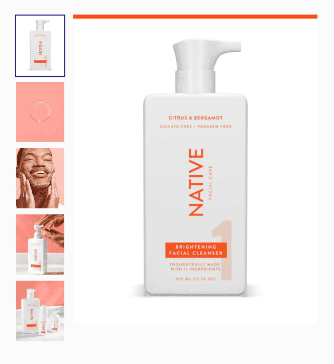 Native brightening facial cleanser bottle with citrus and bergamot scent, sulfate and paraben-free.