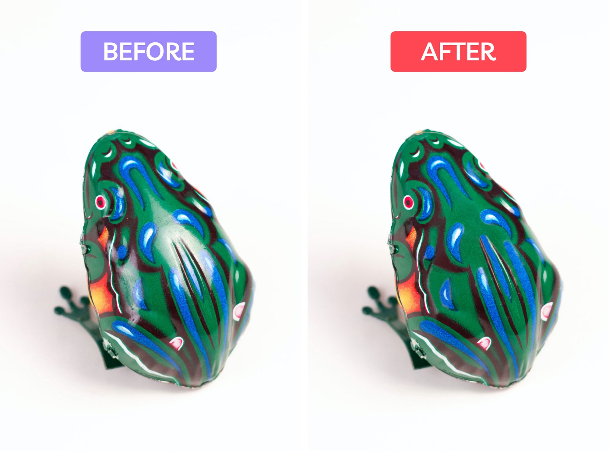 Side-by-side comparison of a toy frog showing color enhancement, labeled