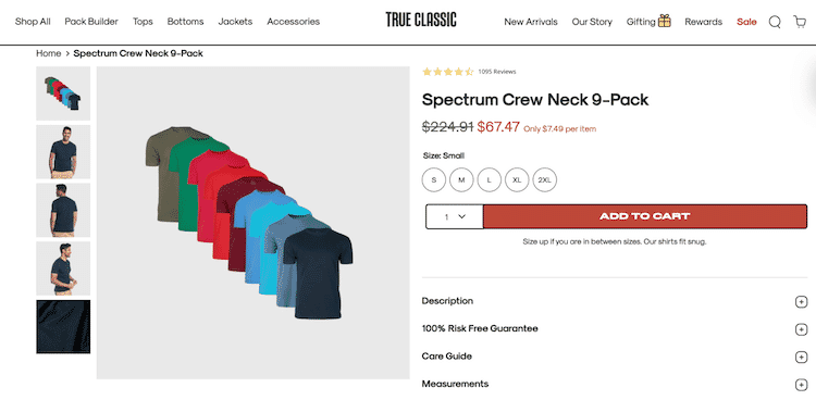 True Classic 9-pack crew neck t-shirts in multiple colors, displayed in a gradient row.