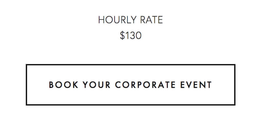 Corporate event photography hourly rate at $130 with booking option