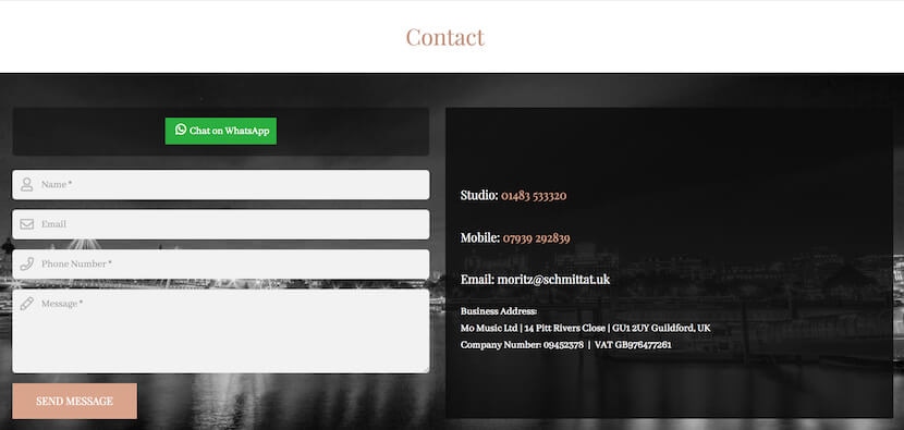 Contact page with form, WhatsApp button, phone numbers, email, and address for a freelance photography studio