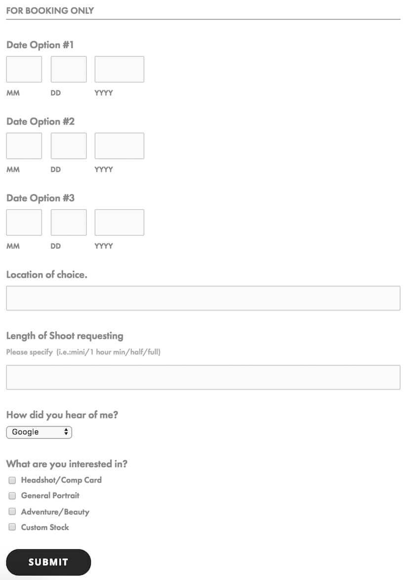 Photography booking form with date choices, location, shoot length, and service selection options