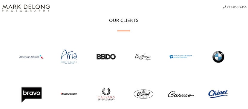 Logos of notable clients for Mark Delong Photography, including American Airlines, BMW, and Bravo