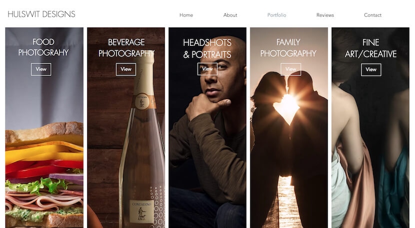 Website portfolio page showing categories: food, beverage, headshots, family, and fine art photography