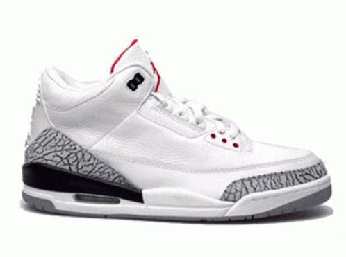 Air Jordan 3 Retro sneaker in white with cement grey detailing and red accents, side view.