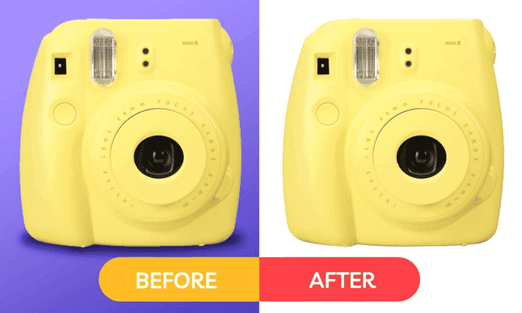 Yellow camera with background removed, before on purple and after on white