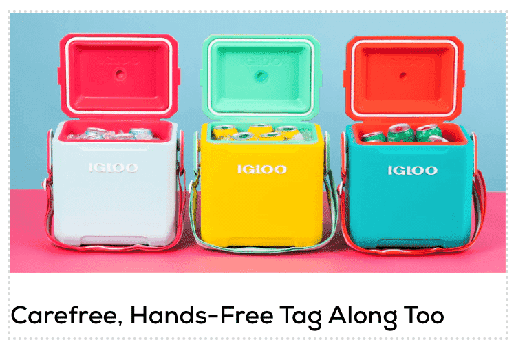 Three Igloo Tag Along coolers in white, yellow, and teal with open lids displaying drinks inside