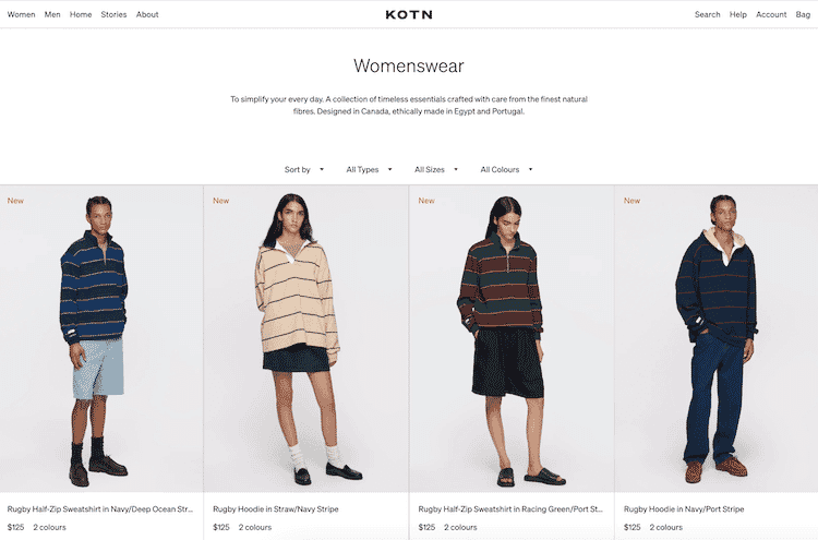 Models wearing striped rugby half-zip sweatshirts in various colors from Kotn