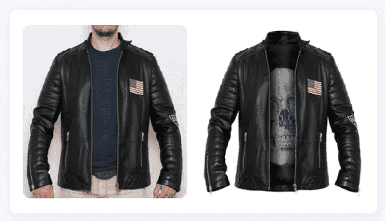 Side-by-side of leather jacket with and without ghost mannequin effect, showing inner design