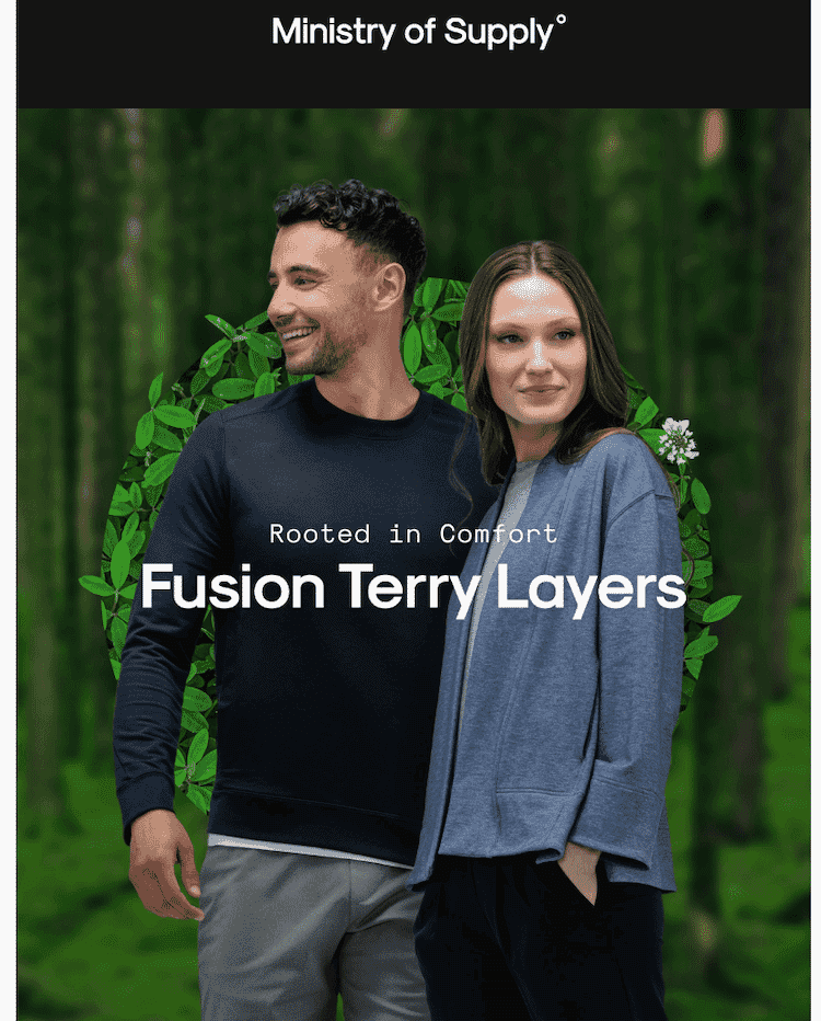 Man and woman wearing Ministry of Supply Fusion Terry layers against a green, nature-inspired background