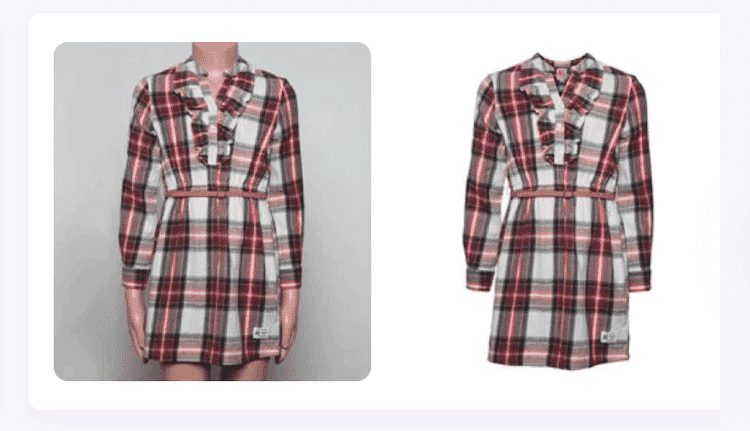 Side-by-side of plaid dress with and without ghost mannequin effect, highlighting garment details.
