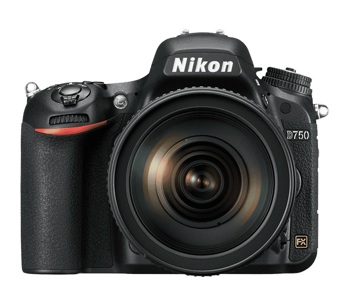 Front view of Nikon D750 DSLR camera with lens