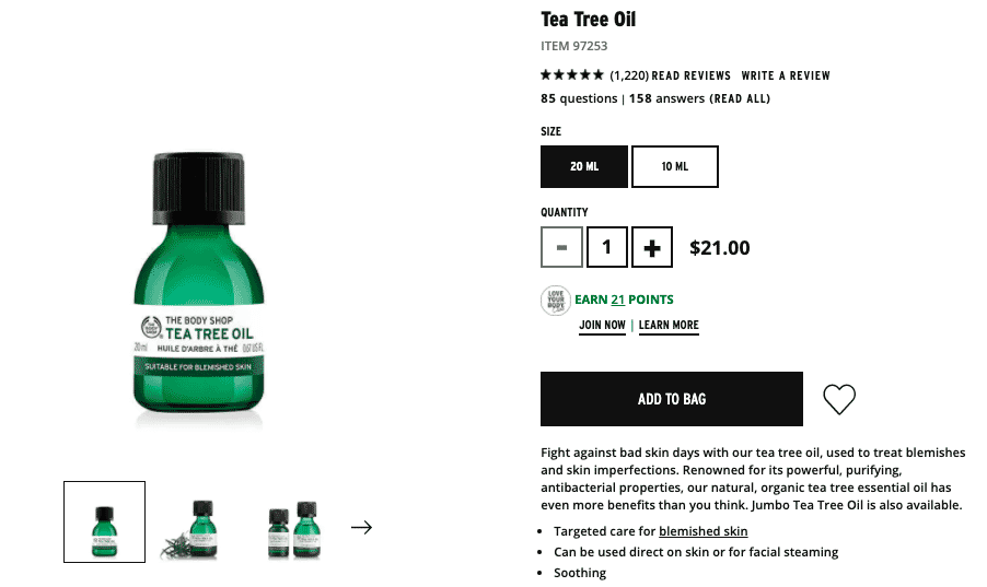 The Body Shop Tea Tree Oil bottle with product details, pricing, and purchase options