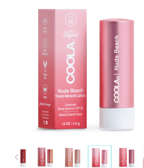 Coola Nude Beach SPF 30 tinted mineral lip balm with packaging in pink.
