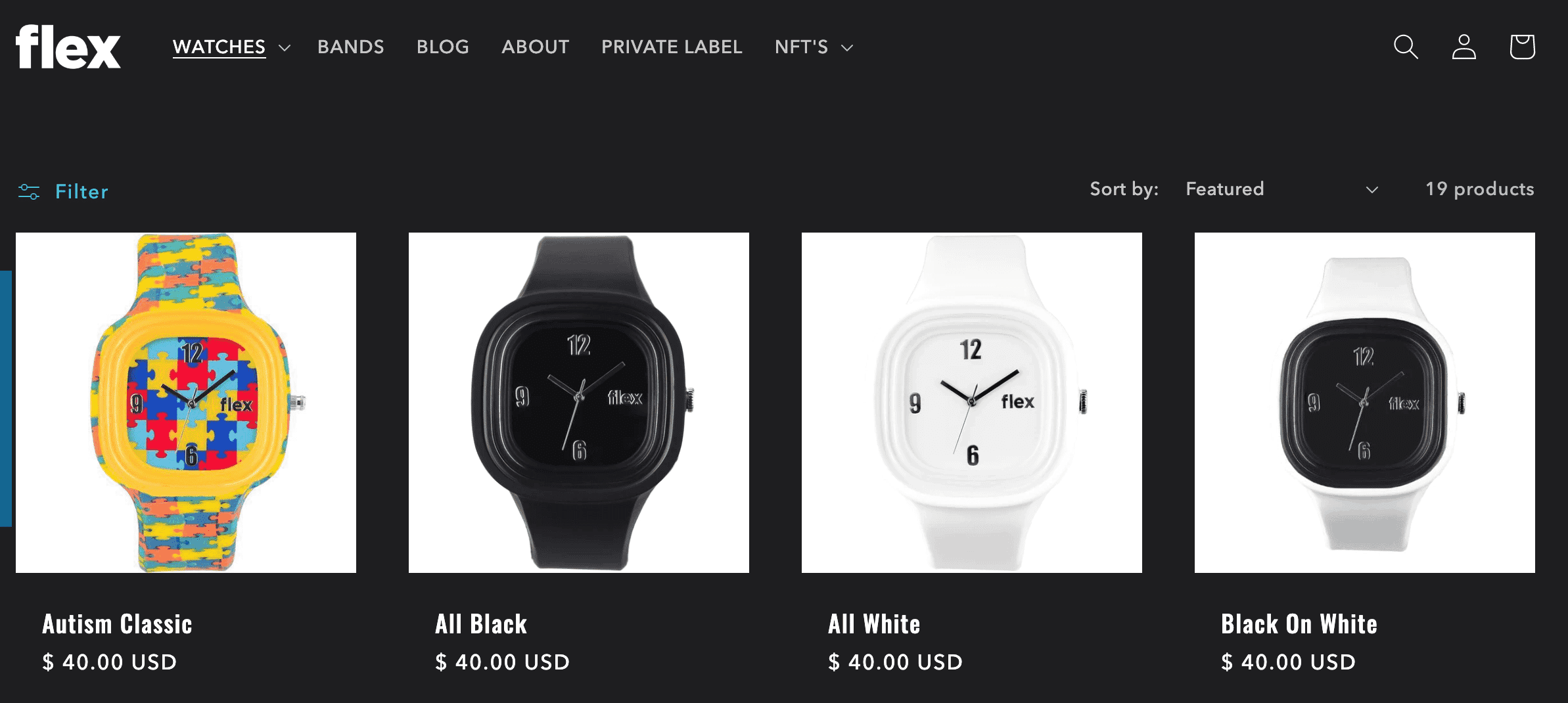 Flex Watches lineup showing Autism Classic, All Black, All White, and Black on White designs at $40 each.