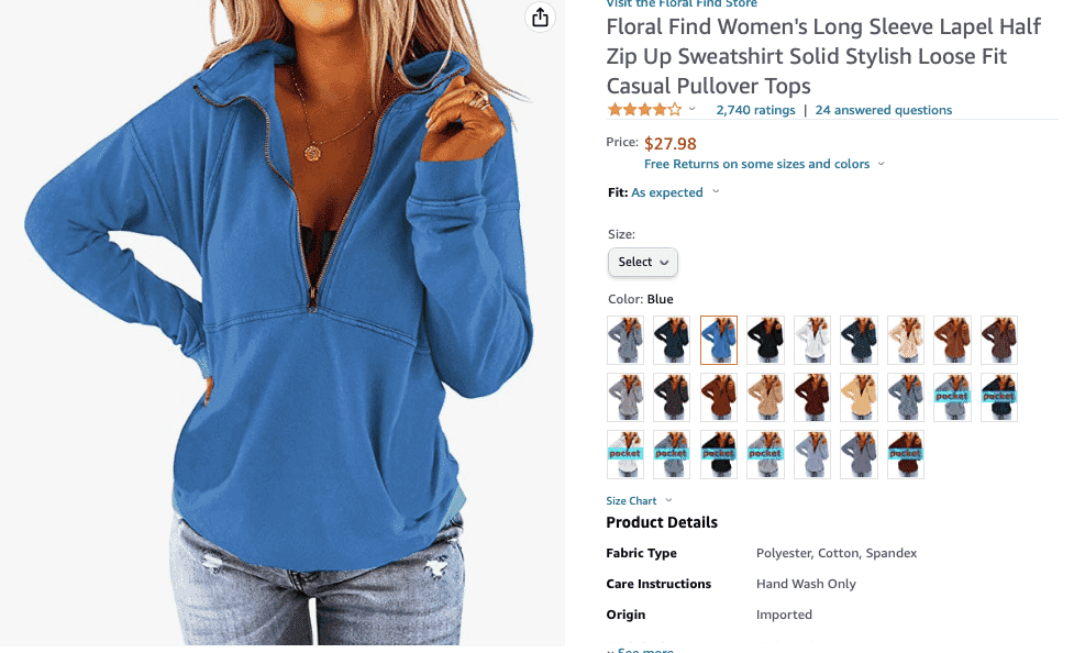 Blue Floral Find women's half zip sweatshirt with color and style options displayed.