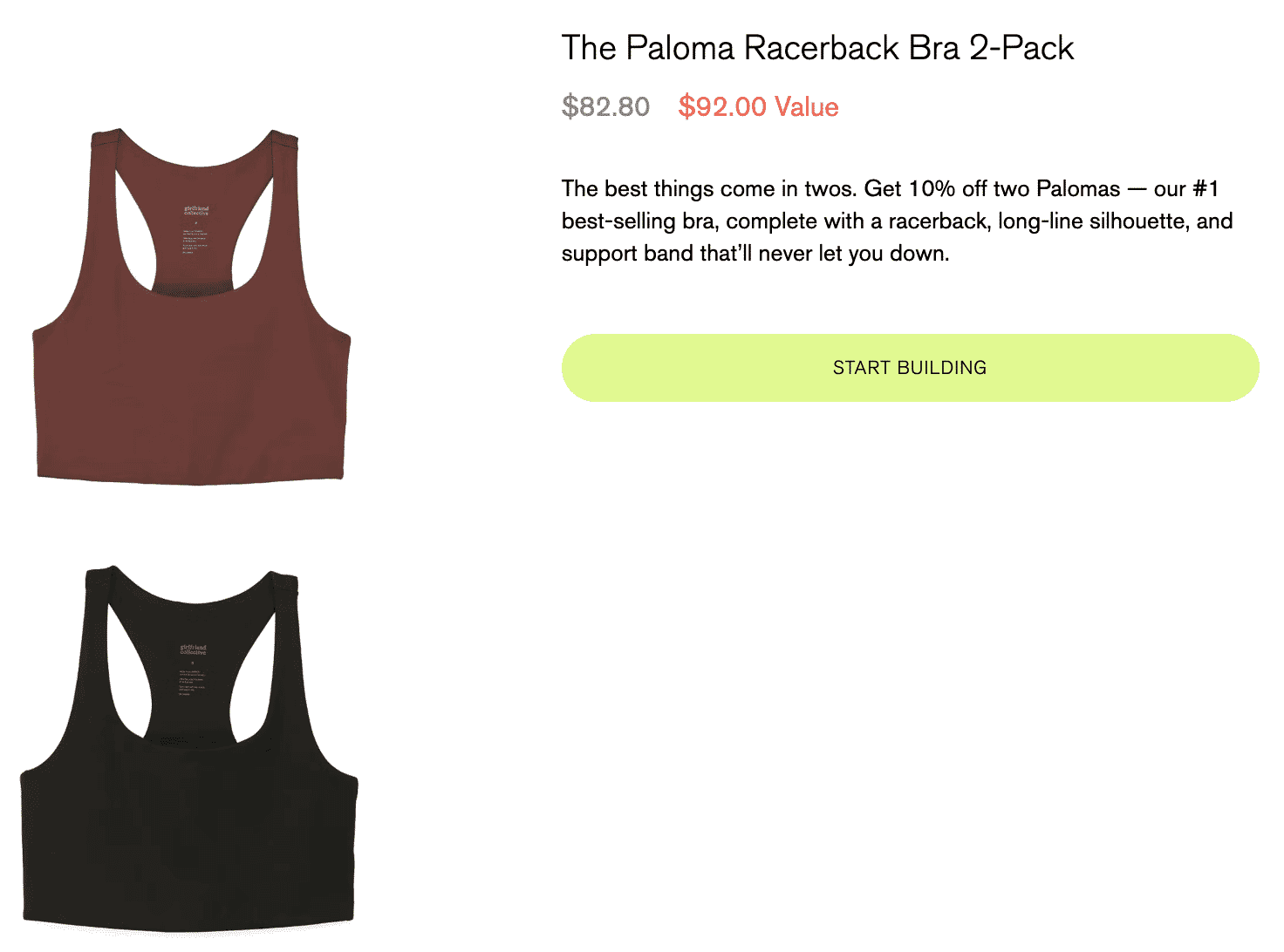 Two Paloma Racerback Bras by Girlfriend Collective in brown and black with a long-line silhouette.