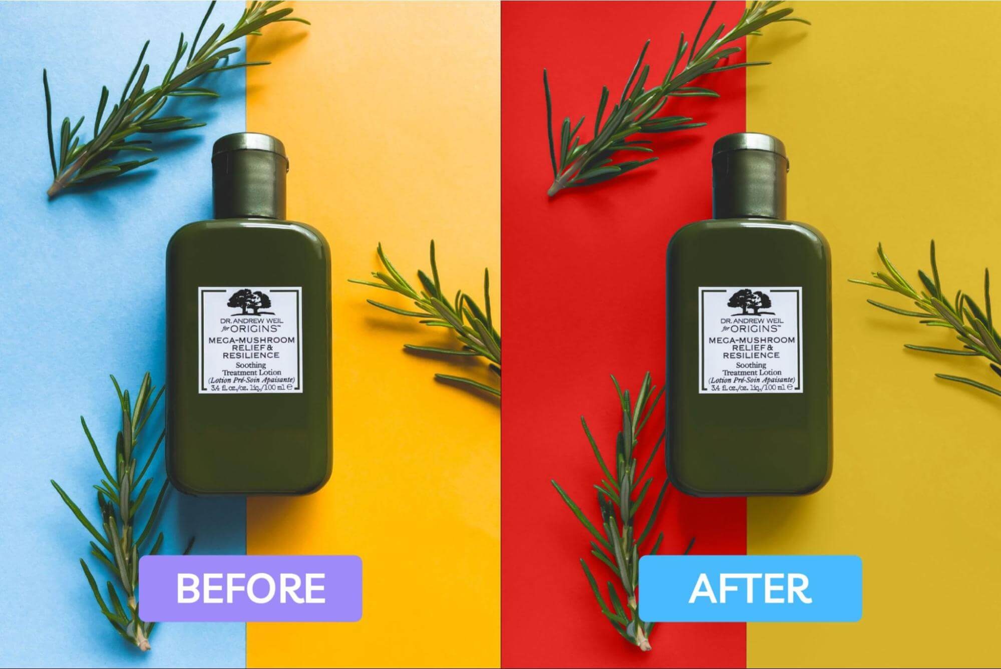 Origins Mega-Mushroom Lotion on blue-yellow background before and red-yellow background after.