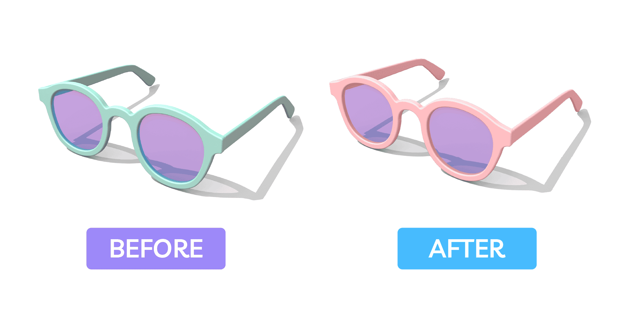 Comparison of sunglasses with frame color changed from green to pink, before and after.