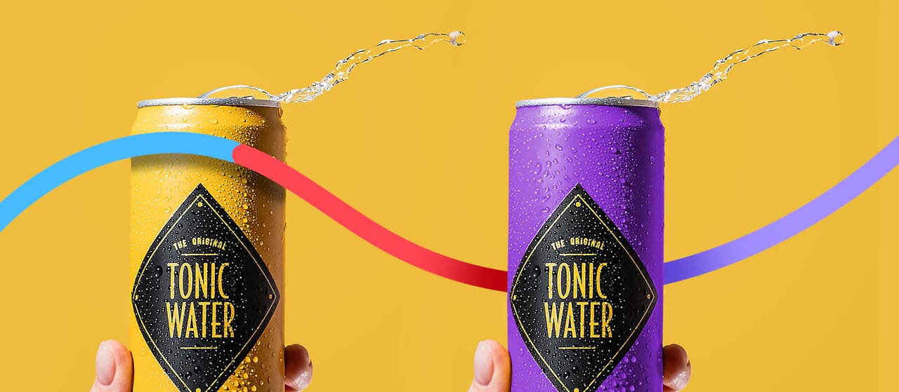 Yellow and purple tonic water cans with splash effect, illustrating color change editing on yellow background