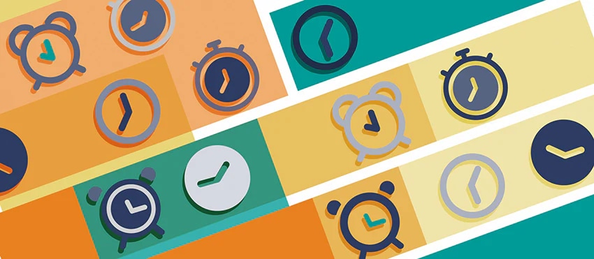 Pattern of various clock icons in vibrant colors symbolizing time management and scheduling.