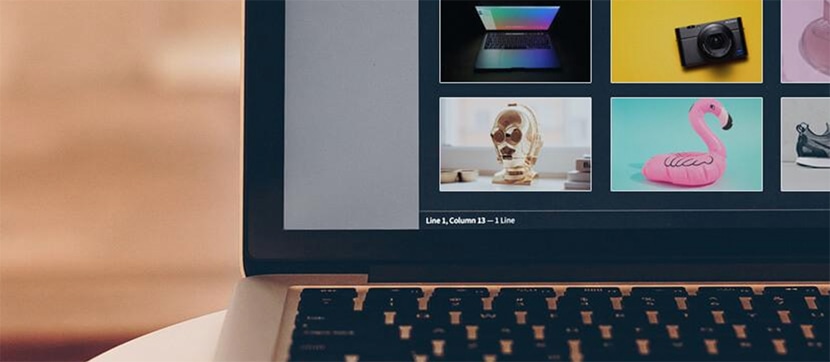 Close-up of a laptop screen displaying a grid of colorful product photos, including a camera, pink flamingo, and decorative skull.