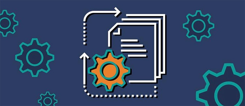 Graphic of stacked documents with arrows and gear icons on a dark background, symbolizing workflow automation.