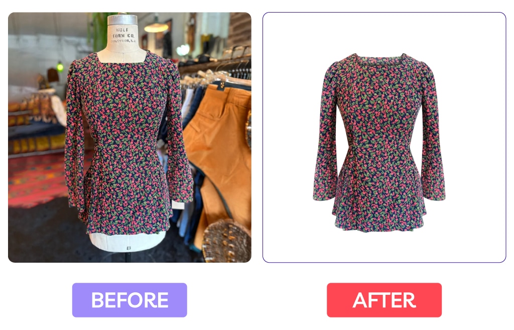 Before-and-after image showing ghost mannequin editing on a floral dress, transforming it from a mannequin display to an invisible mannequin effect with a clean white background.