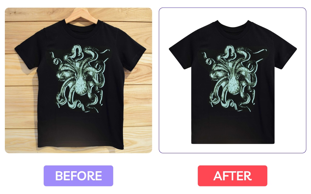 Before-and-after image of a black graphic T-shirt, showcasing symmetry editing with aligned sleeves, centered design, and background cleanup for a professional product presentation.