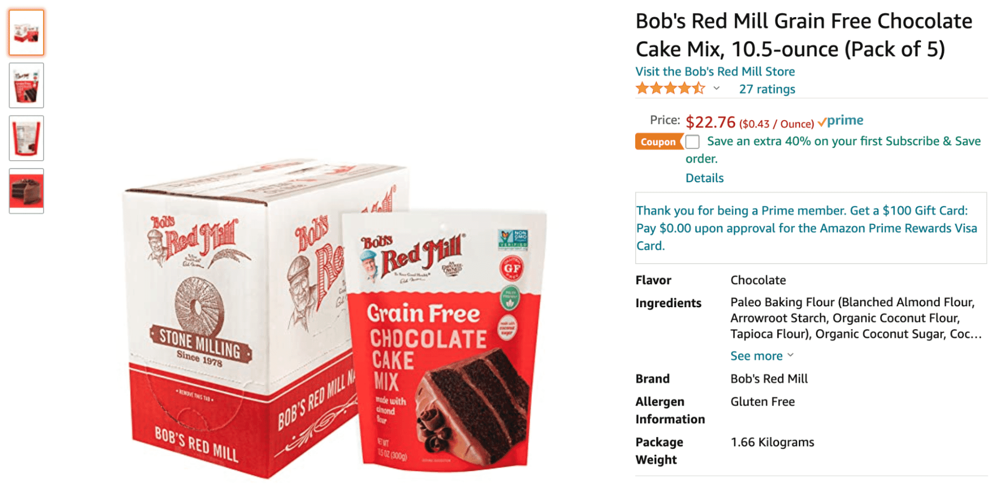 Bob's Red Mill Grain Free Chocolate Cake Mix 10.5 oz, pack of 5, displayed with box and individual packaging on Amazon.