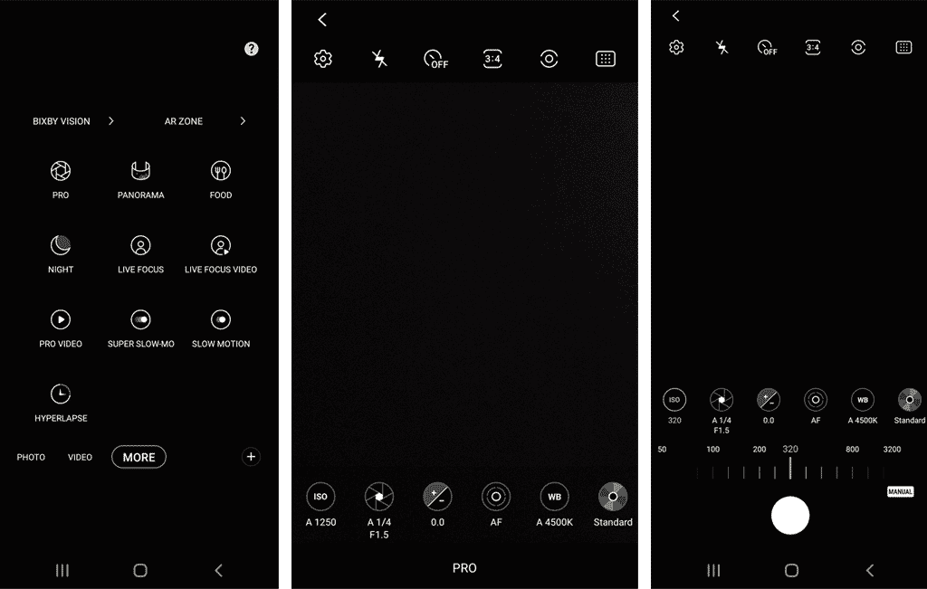 Samsung Galaxy camera app interface showing Pro Mode options, settings icons, and manual adjustment controls for ISO, aperture, and white balance.