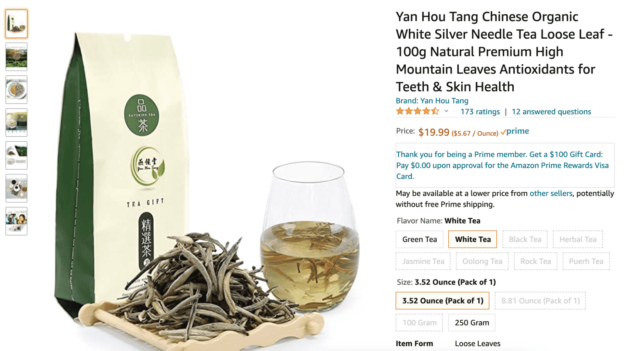 Yan Hou Tang organic white silver needle tea package, loose tea leaves, and a glass of brewed tea displayed on Amazon.