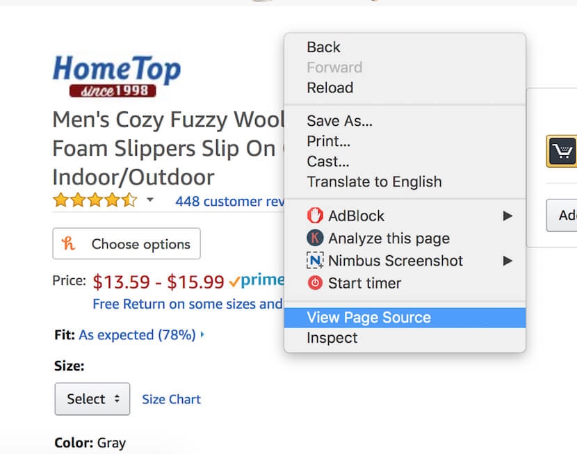 Inspecting page source on Amazon product listing for SEO optimization insights