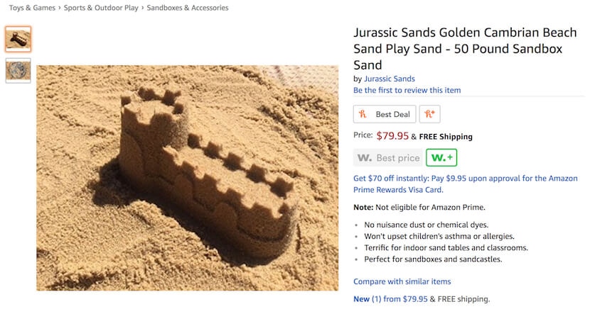 Amazon listing for Jurassic Sands Golden Cambrian beach play sand, ideal for sandcastles and sandboxes