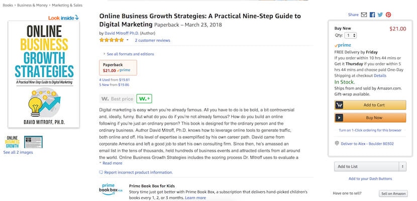 Amazon listing for 'Online Business Growth Strategies' by David Mitroff, including price and availability