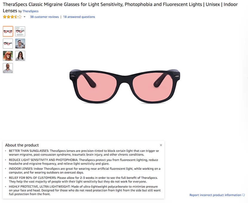 Amazon product listing for TheraSpecs glasses designed to reduce light sensitivity and photophobia