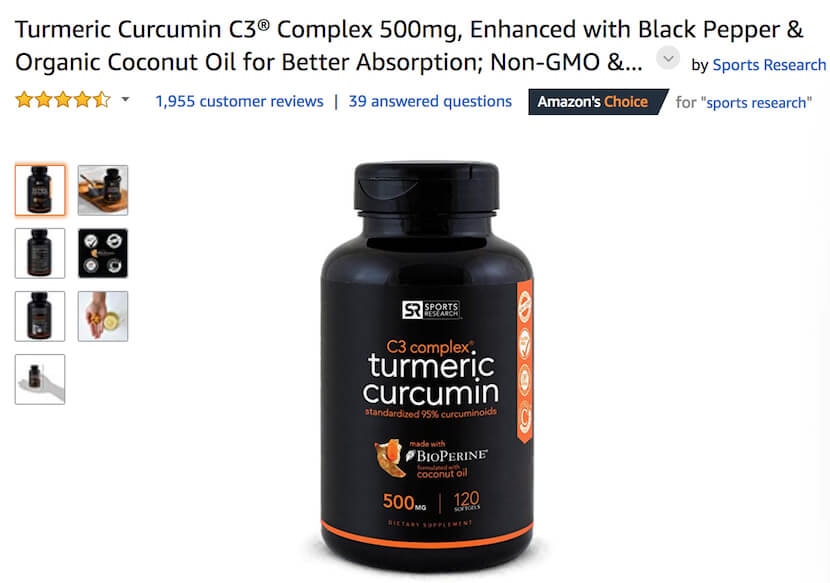 Amazon listing for Sports Research Turmeric Curcumin C3 Complex with black pepper and coconut oil