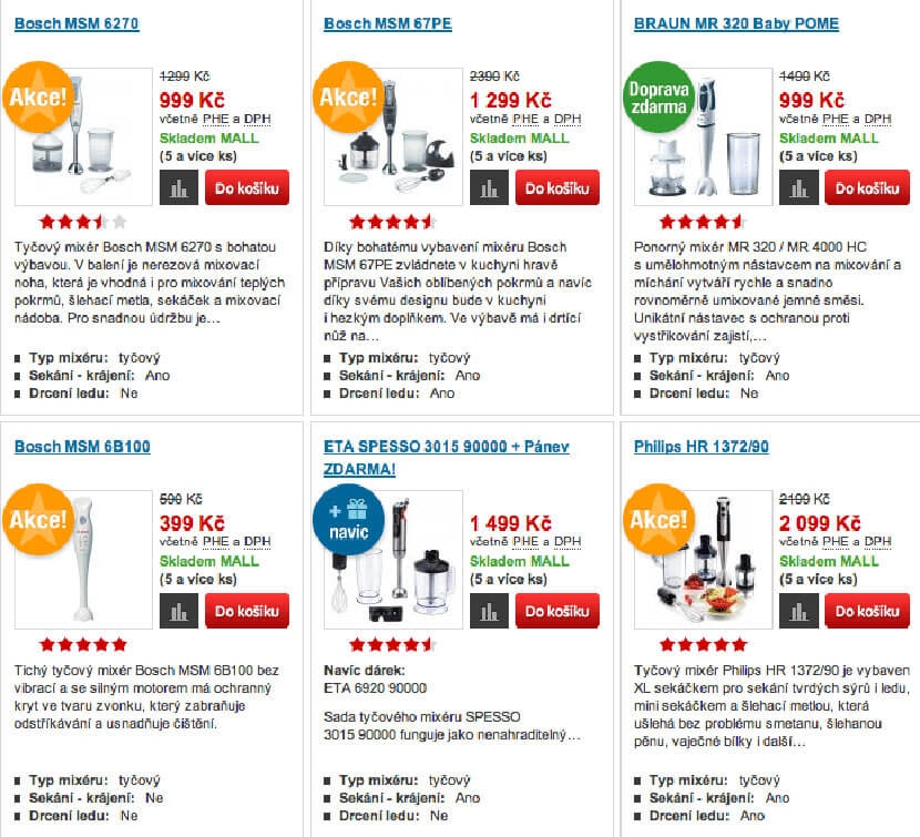 Comparison of blenders and mixers with prices, ratings, and special offers displayed on an e-commerce page.