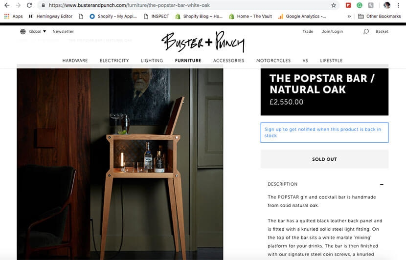Buster & Punch Popstar Bar in natural oak with leather accents, product details and price shown as sold out.