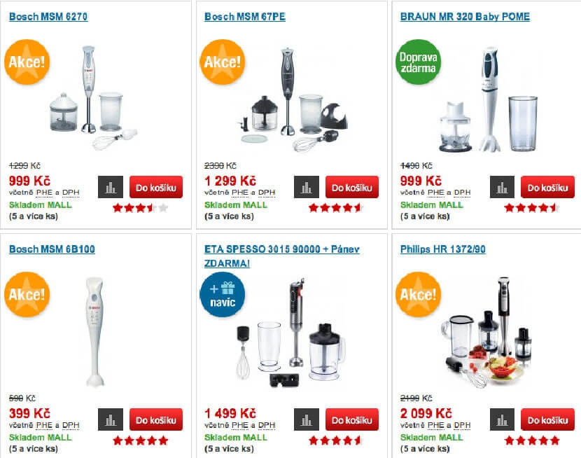Blender and mixer comparison with prices, star ratings, and discount labels on an e-commerce platform