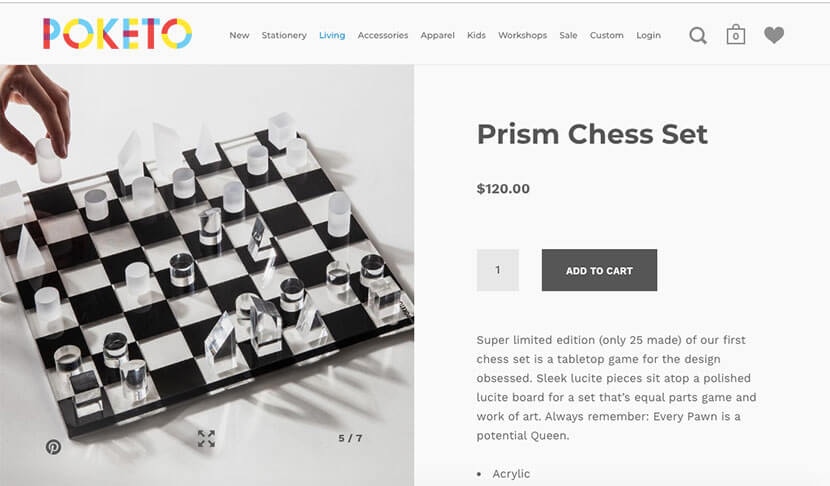 Poketo Prism Chess Set with acrylic pieces on a checkered board, product details and pricing shown.
