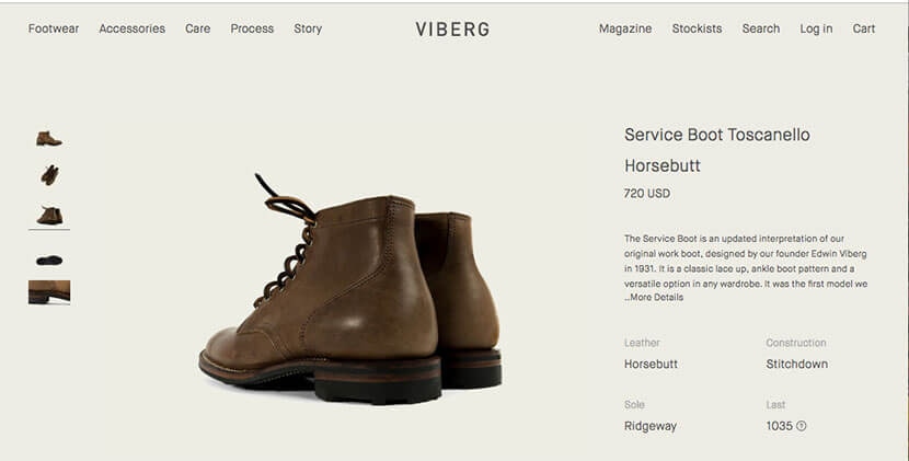 Viberg Service Boot in Toscanello Horsebutt leather, product details and pricing shown on product page.