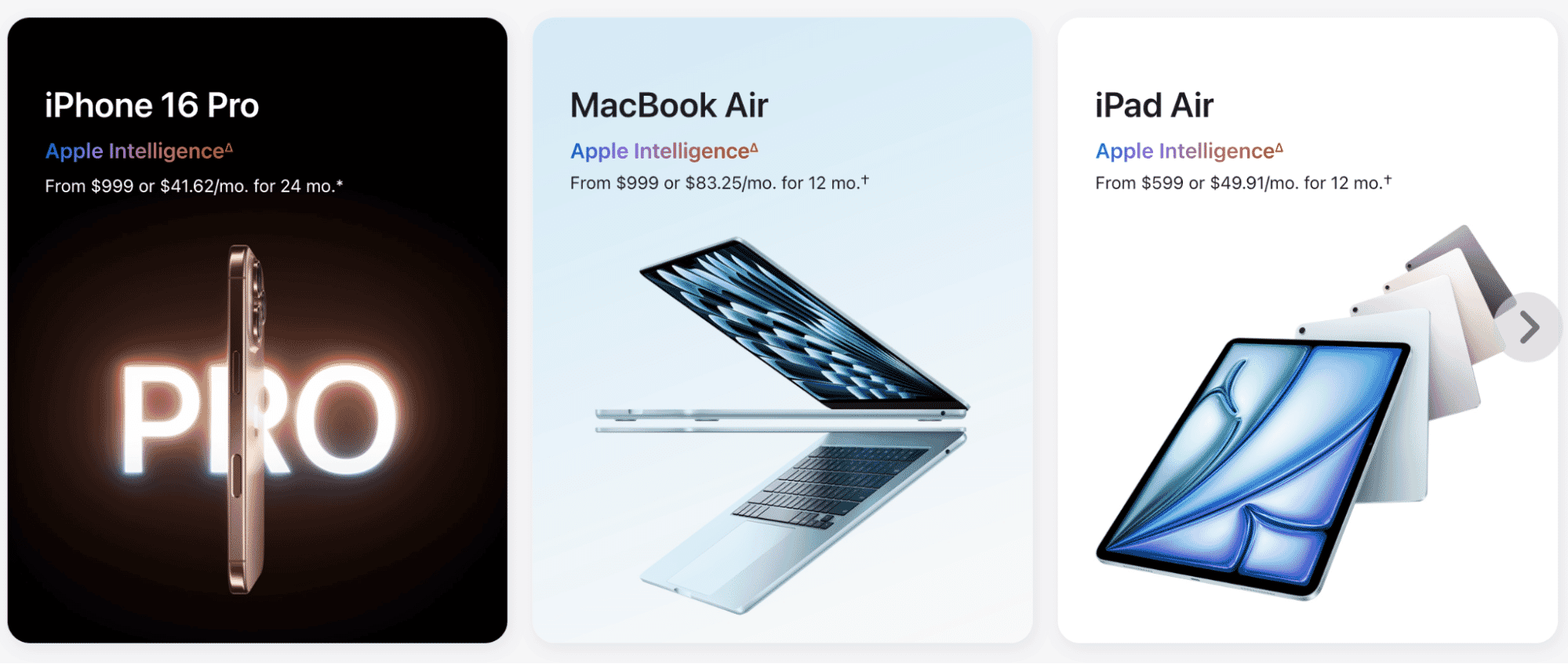 Apple Intelligence promotion showing iPhone 16 Pro, MacBook Air, and iPad Air with pricing and product visuals on sleek gradient backgrounds.
