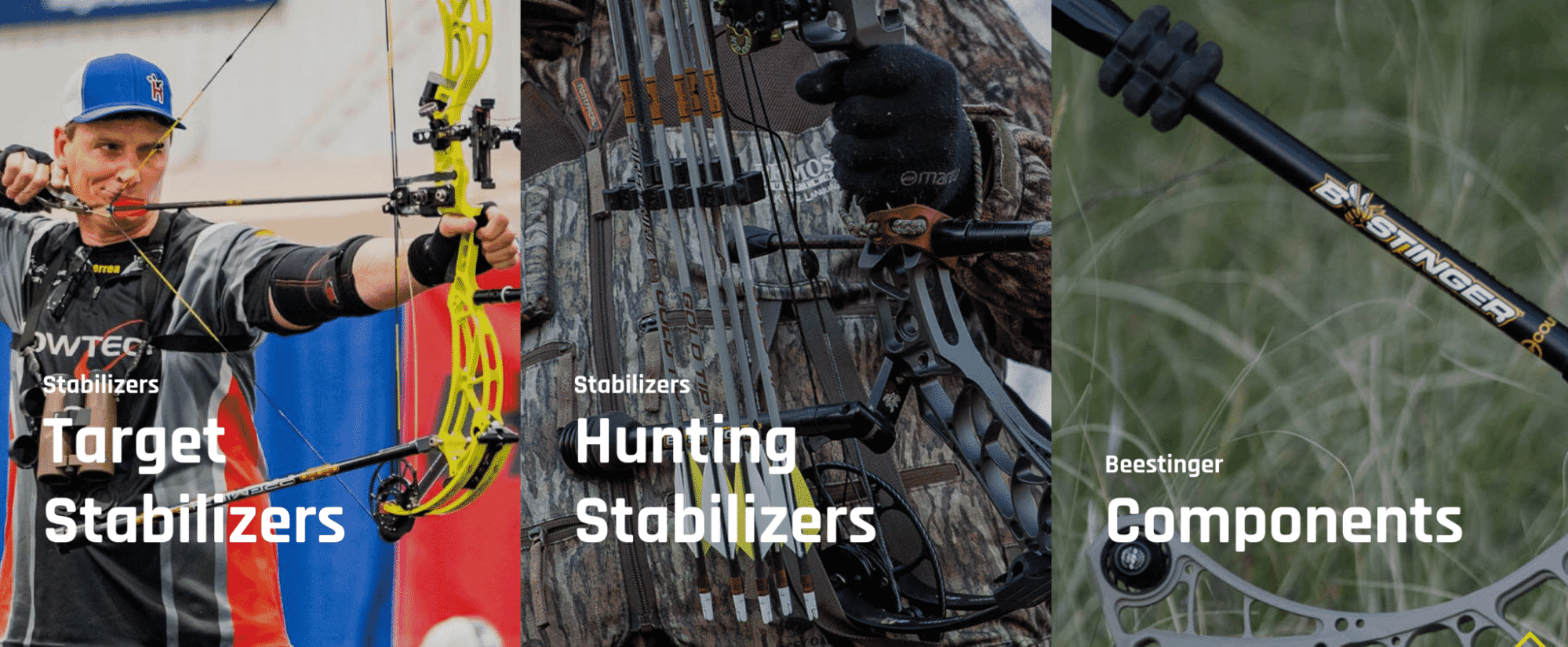 Side-by-side visuals of archery stabilizers for target shooting, hunting, and Beestinger components, featuring compound bows in action and close-up gear details.